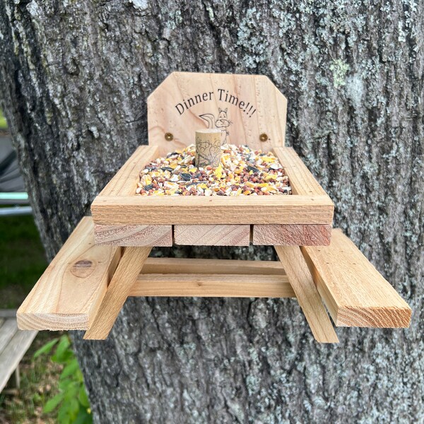 Handmade cedar squirrel picnic table feeder!!