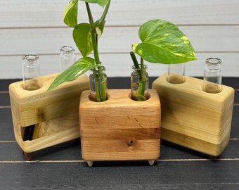 Wood Propagation Station with 2 Glass Vials: Hydroponic Vase | Handmade