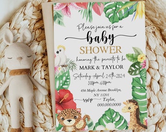 May include: A tropical-themed baby shower invitation with a white background and green and red floral accents. The text reads "Please join us for a baby shower honoring the parents to be Mark & Taylor Saturday April 24th, 2024 3:00pm-6:00pm 456 Maple Avenue Brooklyn, NY 11201 rsvp Taylor, 000.000.0000"