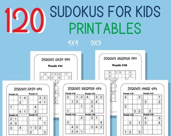 Sudoku voor kinderen Afdrukbare 4x4 9x9 120 puzzels met oplossingen Instant Download PDF