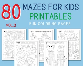 May include: A set of 80 printable maze activity sheets for kids. The mazes feature various themes, including rockstars, animals, space, monsters, and ocean scenes. The mazes are black and white and can be colored in by children.