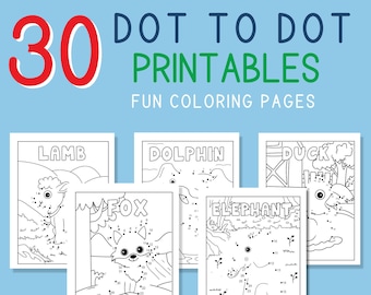 Può includere: Un set di 30 pagine da colorare punto a punto stampabili con vari animali, tra cui un agnello, una volpe, un delfino, un elefante e un'anatra. Le pagine sono in bianco e nero e hanno numeri sui punti per guidare l'utente a collegarli.