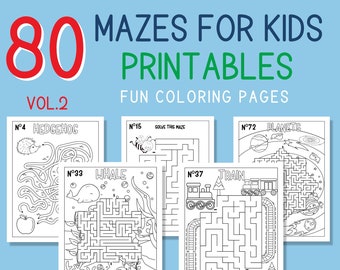 80 Mazes to Print for kids with Solutions, Fun Activities and Coloring Pages Instant PDF Download Letter & A4 VOL.2