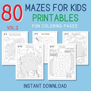 80 Mazes to Print for kids with Solutions, Fun Activities and Coloring Pages Instant PDF Download Letter & A4 VOL.2