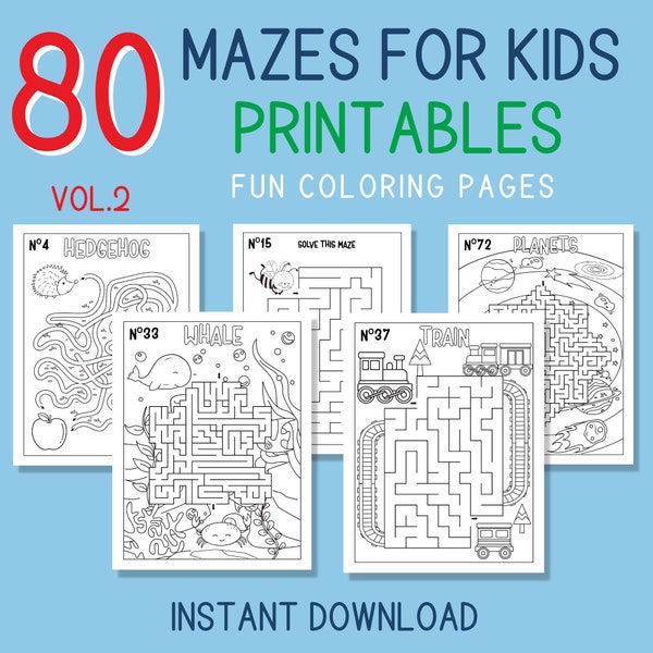 80 Mazes to Print for kids with Solutions, Fun Activities and Coloring Pages Instant PDF Download Letter & A4 VOL.2