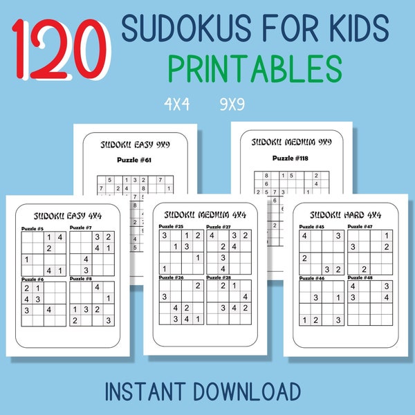 Sudoku pour enfants Imprimable 4x4 9x9 120 Puzzles avec solutions Téléchargement instantané PDF