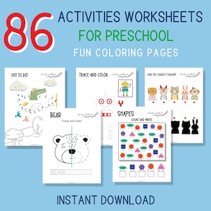 May include: A set of 86 printable preschool activity worksheets. The worksheets include dot-to-dot, trace and color, find the correct shadow, and shapes count and write activities. The worksheets are designed for preschoolers and feature fun illustrations of animals, robots, and shapes.