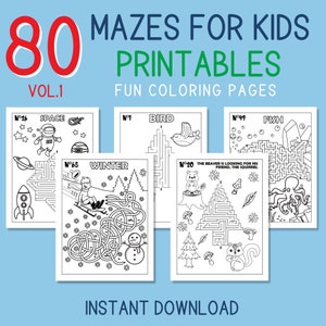 80 laberintos para imprimir para niños con soluciones, actividades divertidas y páginas para colorear Descarga instantánea en PDF Carta y A4 VOL.1