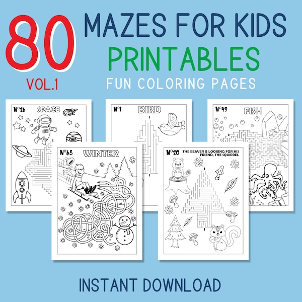 80 Mazes to Print for kids with Solutions,Fun Activities and Coloring Pages Instant PDF Download Letter & A4 VOL.1