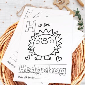 May include: White coloring pages with the letter "H" and a cartoon hedgehog illustration. The text "H is for Hedgehog" is printed below the image. The pages are stacked on a woven basket.