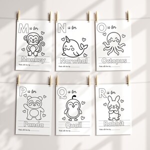 May include: Six white cards with black line drawings of animals, each with a letter of the alphabet. The animals include a monkey, narwhal, octopus, panda, quail, and rabbit. Each card has the animal's name and the phrase "Made with love by".