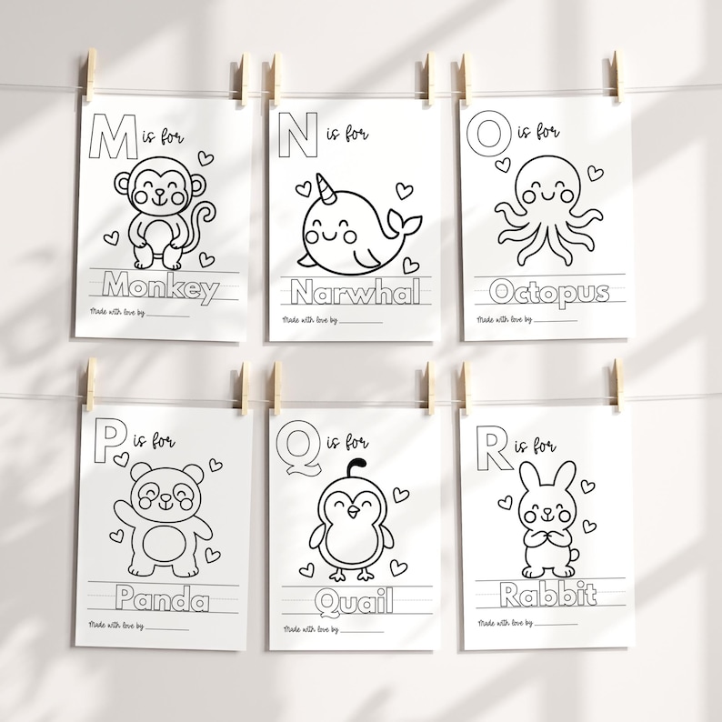 May include: Six white cards with black line drawings of animals, each with a letter of the alphabet. The animals include a monkey, narwhal, octopus, panda, quail, and rabbit. Each card has the animal's name and the phrase "Made with love by".