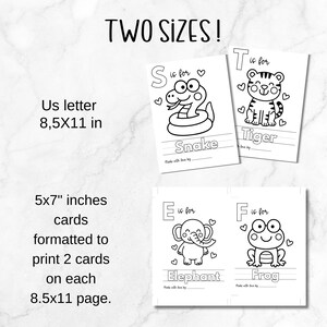 May include: Black and white printable flashcards featuring animal illustrations. The cards include the letters S for Snake, T for Tiger, E for Elephant, and F for Frog. The cards are available in two sizes: 5x7 inches and 8.5x11 inches.
