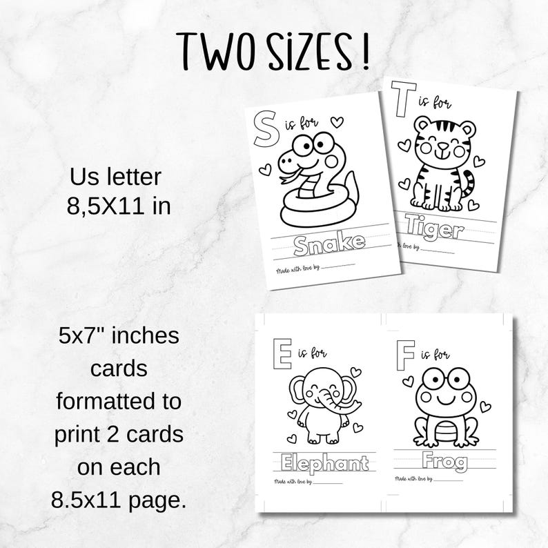 May include: Black and white printable flashcards featuring animal illustrations. The cards include the letters S for Snake, T for Tiger, E for Elephant, and F for Frog. The cards are available in two sizes: 5x7 inches and 8.5x11 inches.