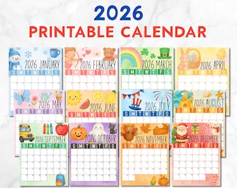 2026 Kids Calendar Printable, Watercolor Monthly Planner (PDF)