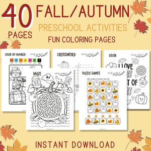 Paquete de actividades de otoño para imprimir para niños, hojas de actividades divertidas y páginas para colorear, descarga instantánea en PDF, tamaño carta y A4