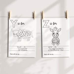 May include: Two black and white printable alphabet flashcards for children. The first card features the letter Y and a yak. The second card features the letter Z and a zebra. Both cards have lines for writing the letter and the word.