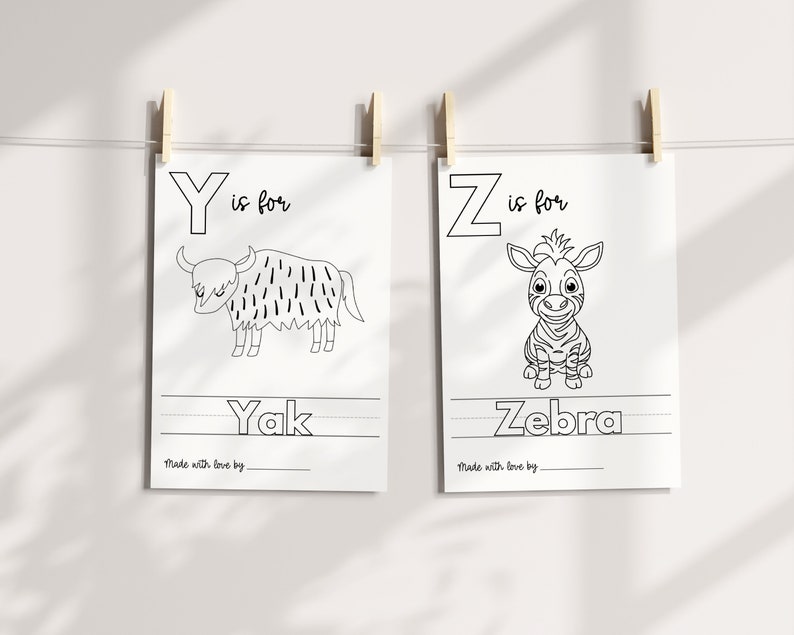 May include: Two black and white printable alphabet flashcards for children. The first card features the letter Y and a yak. The second card features the letter Z and a zebra. Both cards have lines for writing the letter and the word.