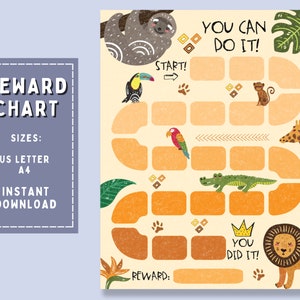 Jungle Dieren Beloningsgrafiek voor kinderen, Afdrukbare Zindelijkheidstraining Grafiek voor Peuters, Routine Chore Chart voor kinderen Direct downloaden