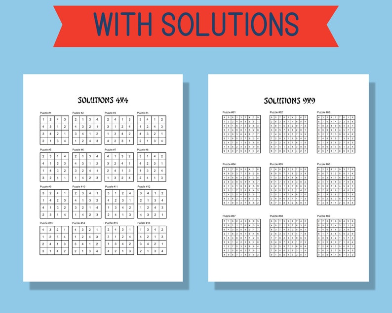 Sudoku for Kids Printable 4x4 9x9 120 Puzzles With Solutions Instant ...