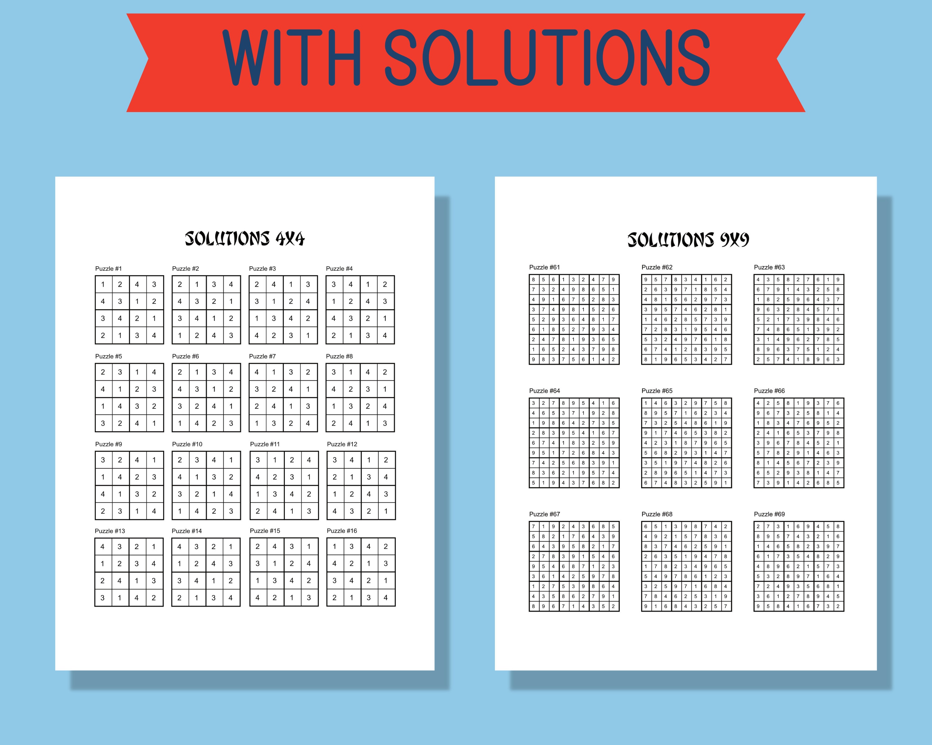  Sudoku for Kids Printable 4x4 9x9 120 Puzzles With Solutions Instant Motiv 