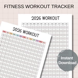 Può includere: Due tracker di allenamento fitness con la scritta "2026 WORKOUT" e griglie mensili. La parte superiore dell'immagine recita "FITNESS WORKOUT TRACKER". Un cerchio grigio con le parole "Instant Download" si trova nell'angolo in basso a destra.