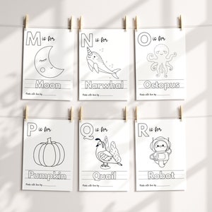 May include: Six black and white printable alphabet flashcards with a letter, an illustration, and the word for the illustration. The letters are M, N, O, P, Q, and R. The illustrations are a moon, a narwhal, an octopus, a pumpkin, a quail, and a robot.