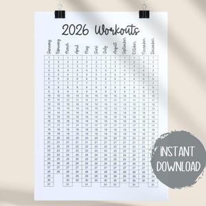 May include: A 2026 workout calendar, printable and featuring a grid layout with months and dates. Designed for fitness tracking, it has "2026 Workouts" at the top. Includes "Instant Download" text.