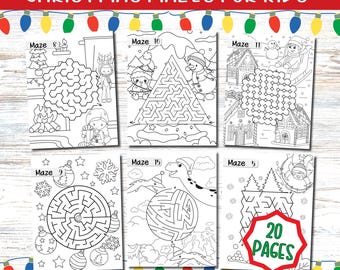 Kerstdoolhoven voor kinderen: 20 afdrukbare kleurplaten (digitale download)