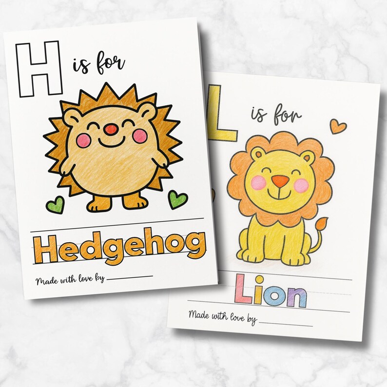 May include: Two illustrated cards with the letters "H" and "L" and the words "Hedgehog" and "Lion". The hedgehog is brown with a yellow spiky back. The lion is yellow with an orange mane. The text "Made with love by" is at the bottom.