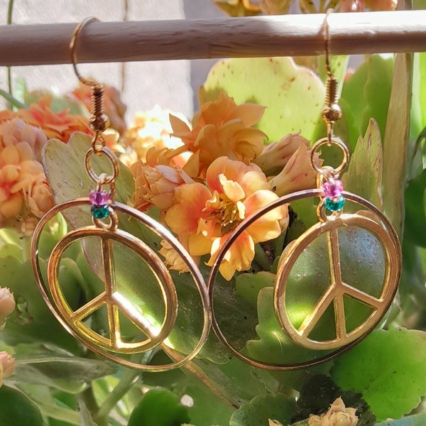 Boucles d'oreilles Peace and Love, hippie Style, pendantes, bijou minimaliste, upcycling, femme, Boucles d'oreilles uniques