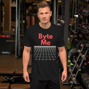 May include: Black t-shirt with a red "Byte Me" graphic and a white grid pattern.