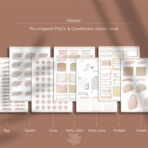 May include: A set of digital stickers for GoodNotes app. The stickers are pre-cropped and include tags, quotes, icons, sticky notes, widgets, and shapes. The stickers are in a minimalist style with a watercolor effect and feature a neutral color palette of beige, brown, and gray.