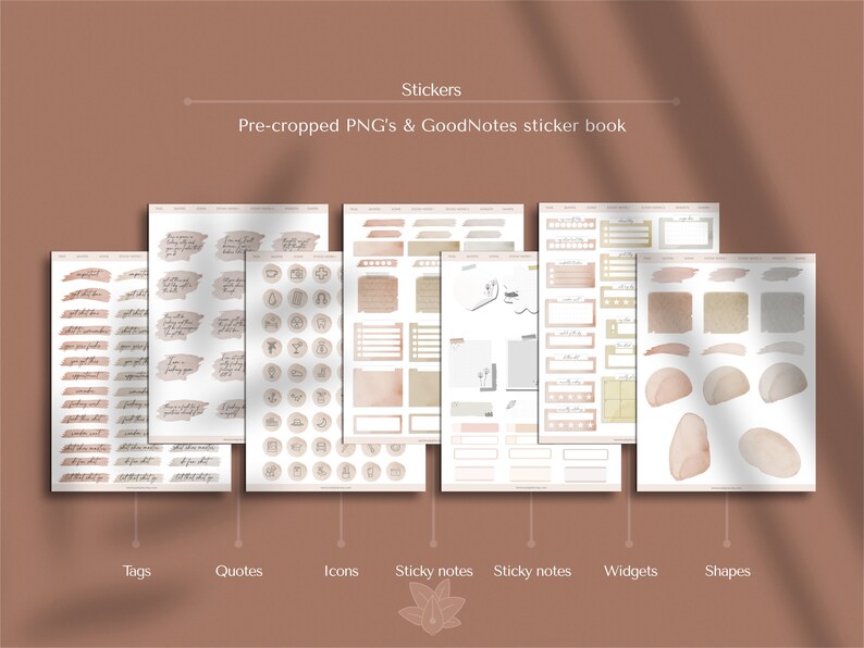 May include: A set of digital stickers for GoodNotes app. The stickers are pre-cropped and include tags, quotes, icons, sticky notes, widgets, and shapes. The stickers are in a minimalist style with a watercolor effect and feature a neutral color palette of beige, brown, and gray.