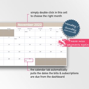 Automated calendar pulls due dates of bills and subscriptions on its own and auto-fills the monthly financial planner