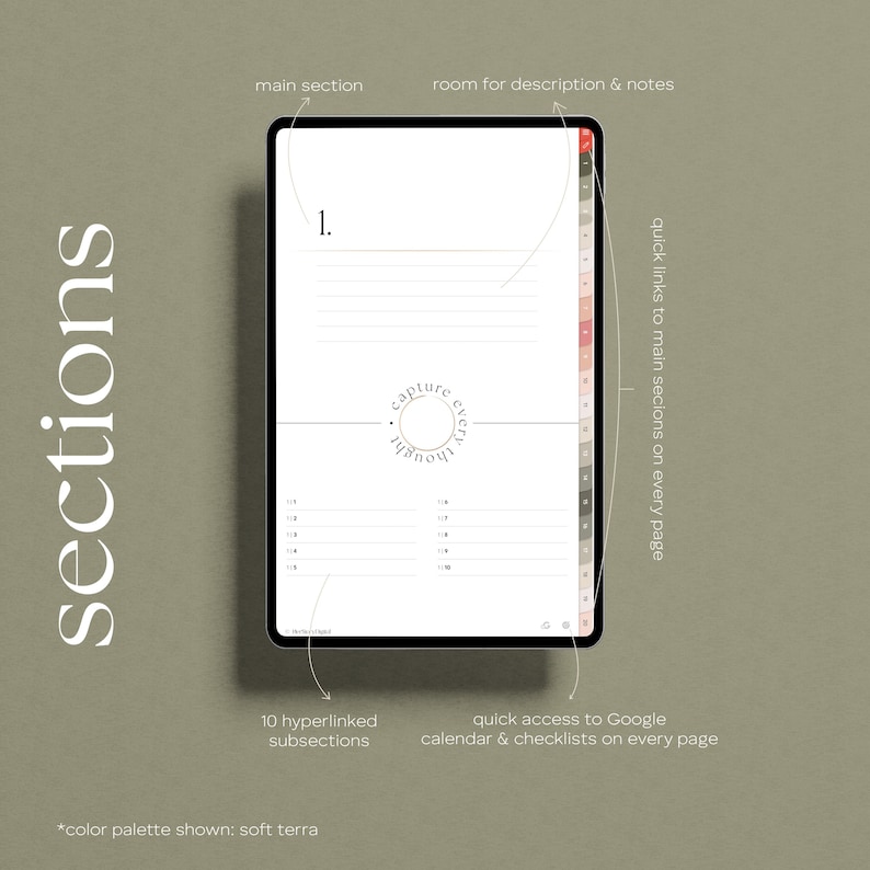 May include: A digital planner displayed on a tablet, featuring a white background with sections for notes and a main section. The planner includes 10 hyperlinked subsections and quick access to Google calendar and checklists. The color palette is soft terra.
