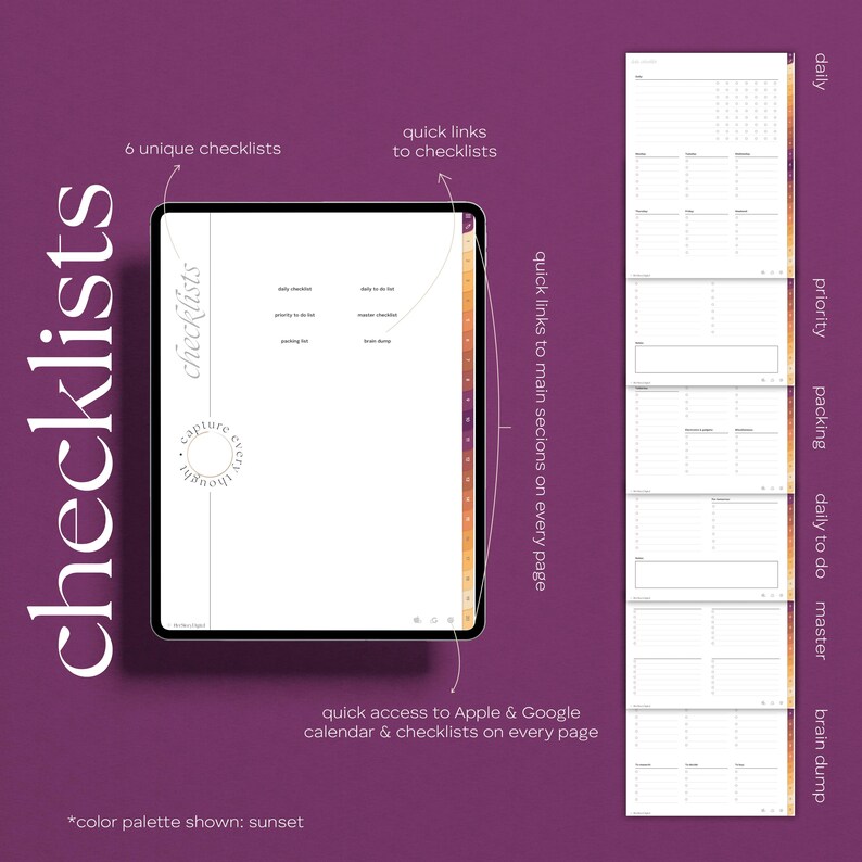 Digital notebook on a tablet with a purple background. The planner features six unique checklists, quick links, and access to Apple and Google calendars. The color palette is sunset-themed. The word "checklists" is written in large white letters.