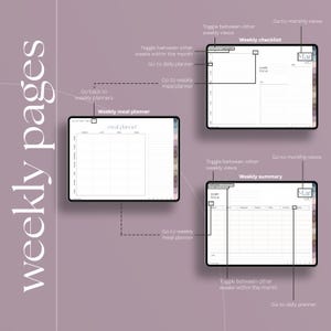 May include: Digital planner pages with a purple background. The pages include weekly checklists, meal planners, and weekly summaries. The text on the pages includes "weekly pages", "Mar", and navigation prompts like "Go to daily planner".