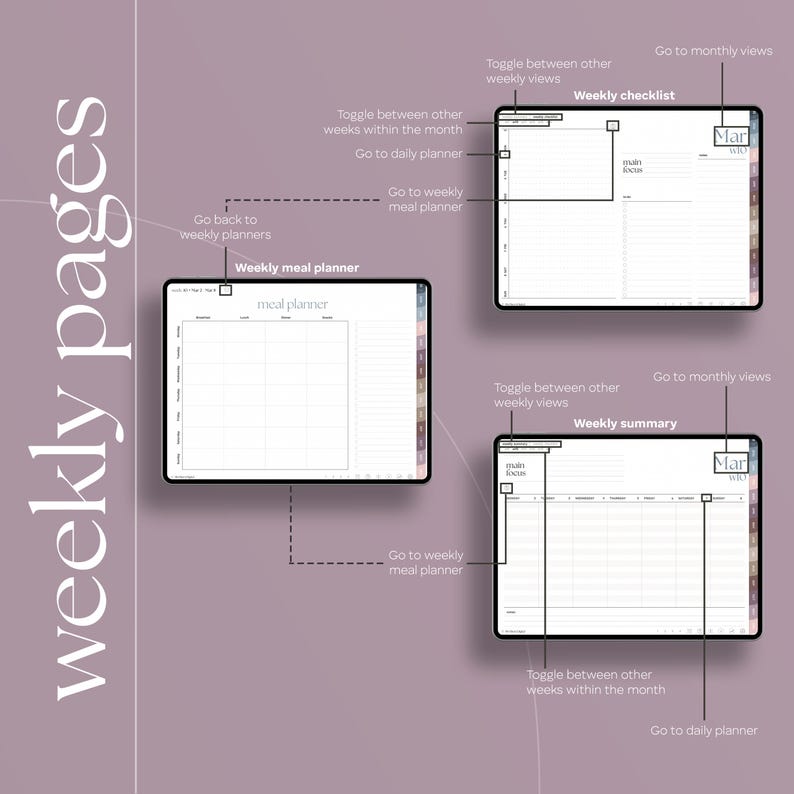 May include: Digital planner pages with a purple background. The pages include weekly checklists, meal planners, and weekly summaries. The text on the pages includes "weekly pages", "Mar", and navigation prompts like "Go to daily planner".