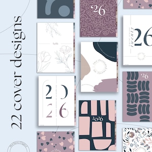 May include: A collection of digital planner covers with various designs. The covers feature floral illustrations, abstract shapes, and the year "2026". The color palette includes shades of blue, pink, and white. The text "22 cover designs" is visible.