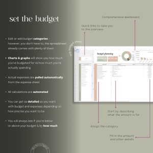 May include: A pink and green spreadsheet with the title "budget planning" and the text "$8,000.00 $5,401.00". The spreadsheet is divided into columns with headings such as "Categories", "Description", "Amount", and "Notes".
