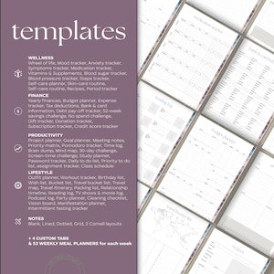May include: A collection of printable planner templates with various layouts and trackers. Includes wellness, finance, productivity, and lifestyle sections. Features medication, budget, and travel bucket list templates. Includes custom tabs and weekly meal planners.