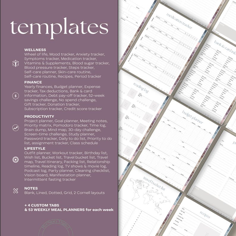 May include: A collection of printable planner templates with various layouts and trackers. Includes wellness, finance, productivity, and lifestyle sections. Features medication, budget, and travel bucket list templates. Includes custom tabs and weekly meal planners.