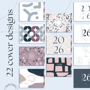 May include: A collection of 22 planner cover designs. The covers feature various abstract patterns and the year 2026. Colors include blue, pink, purple, and white. Some covers have floral or geometric designs. The text "two thousand twenty six" is also visible.