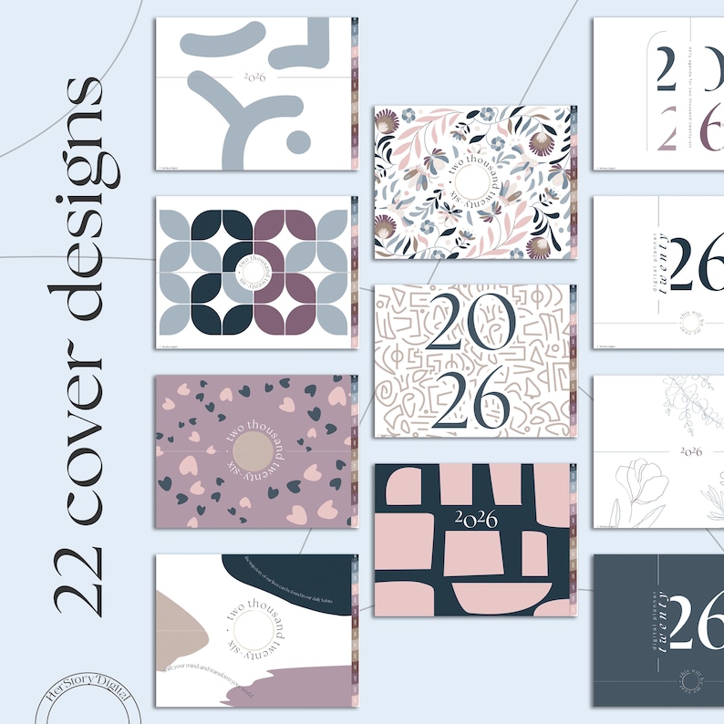 May include: A collection of 22 planner cover designs. The covers feature various abstract patterns and the year 2026. Colors include blue, pink, purple, and white. Some covers have floral or geometric designs. The text "two thousand twenty six" is also visible.