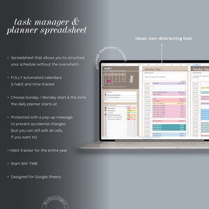 May include: A laptop computer displaying a digital planner spreadsheet with a clean, non-distracting look. The spreadsheet includes a calendar, daily planner, and habit tracker. The text on the screen reads "task manager & planner spreadsheet".