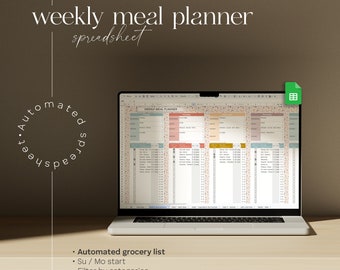 May include: A laptop computer displaying a weekly meal planner spreadsheet with a colorful design. The spreadsheet includes features like an automated grocery list, the ability to start on Sunday or Monday, and filtering by categories. Support is included.