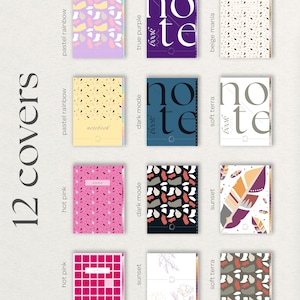 Twelve digital notebook covers with various cover designs are displayed. The covers feature patterns like abstract shapes, terrazzo, and floral motifs in colors such as pink, purple, and beige. Some covers have the word "notebook" printed on them.