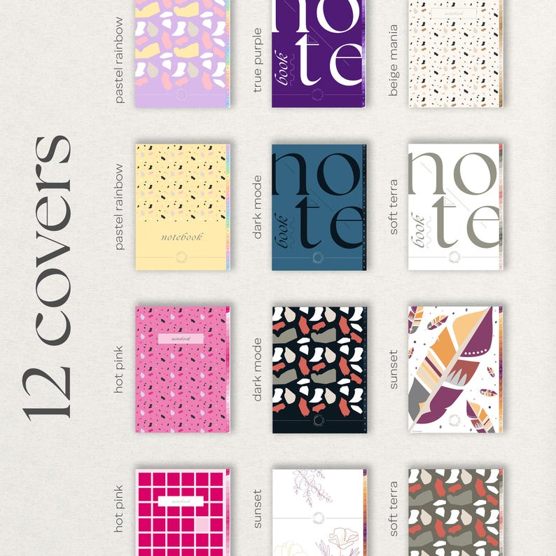 Twelve digital notebook covers with various cover designs are displayed. The covers feature patterns like abstract shapes, terrazzo, and floral motifs in colors such as pink, purple, and beige. Some covers have the word "notebook" printed on them.