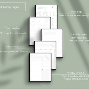 Op de afbeelding: Een digitale planner met 366 dagelijkse pagina's, een jaaroverzicht, maandelijkse pagina's met een hoofdfocusvak en twee wekelijkse lay-outs. De planner bevat een indexpagina met een datumkiezer voor eenvoudige navigatie.